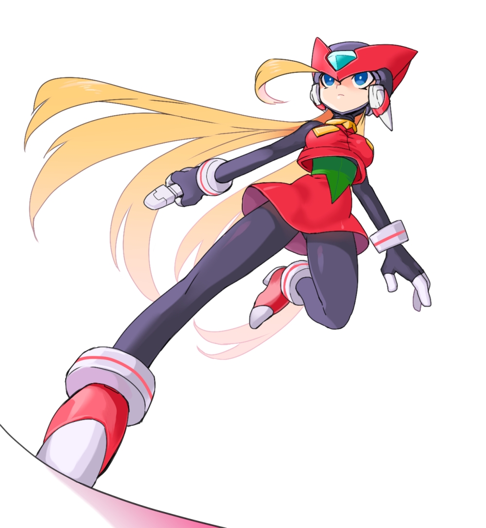 1girl android blonde_hair blue_eyes bodysuit braid breasts female full_body genderswap genderswap_(mtf) gloves helmet long_hair medium_breasts ribbed_bodysuit rockman rockman_zero solo yuriyuri_(ccc) zero_(rockman)