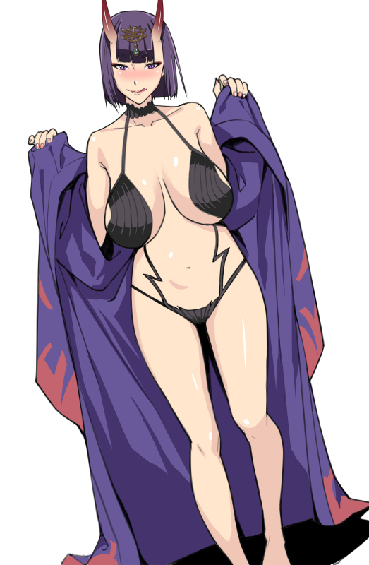 1girl :q bare_shoulders blush bob_cut breasts collarbone fate/grand_order fate_(series) japanese_clothes jyura kimono large_breasts looking_at_viewer nose_blush older oni oni_horns open_clothes open_kimono purple_hair revealing_clothes short_eyebrows shuten_douji_(fate/grand_order) smile solo standing tongue tongue_out undressing violet_eyes