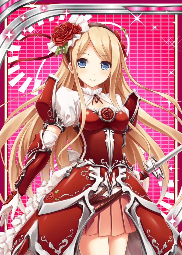 1girl akkijin armor blonde_hair blue_eyes card dress floral_print flower hair_flower hair_ornament knight long_hair looking_at_viewer red_dress red_rose rose rose_print shinkai_no_valkyrie smile solo sword weapon