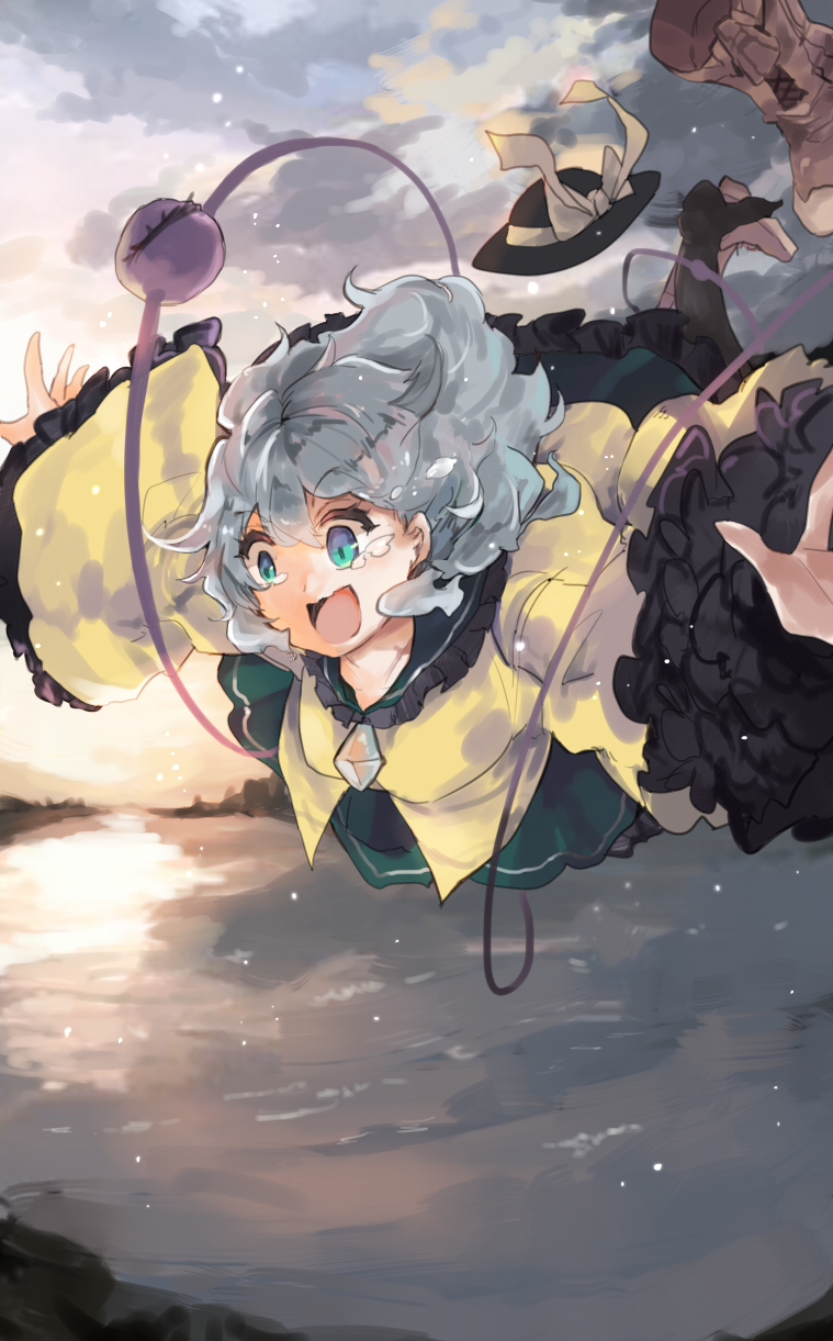 1girl black_hat boot_removed boots bow brown_boots commentary_request falling green_eyes green_skirt grey_hair hat hat_bow hat_removed headwear_removed highres komeiji_koishi long_sleeves open_mouth outdoors shirt skirt sky solo tears third_eye touhou wide_sleeves yellow_bow yellow_shirt zairen