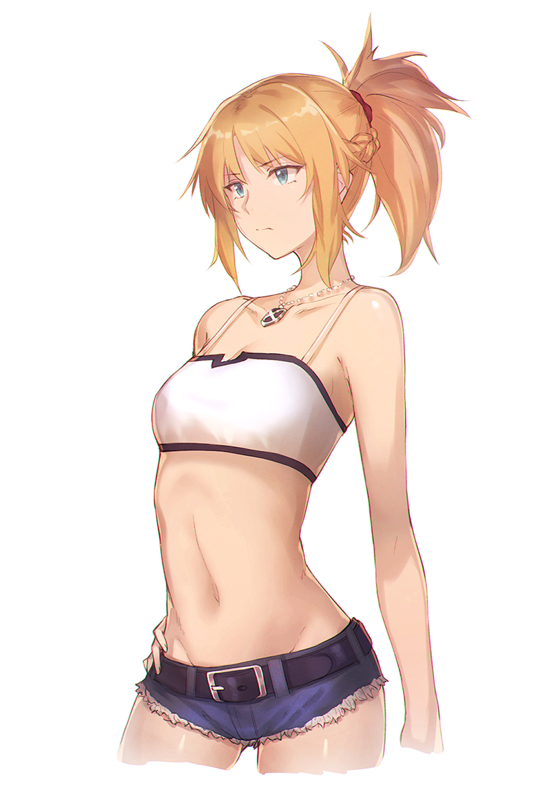 1girl bandeau bare_arms belt blonde_hair blue_shorts braid breasts collarbone cropped_legs cutoffs denim expressionless fate/apocrypha fate_(series) green_eyes groin ibuki_notsu jewelry looking_afar navel necklace ponytail saber_of_red short_shorts shorts simple_background small_breasts solo stomach white_background