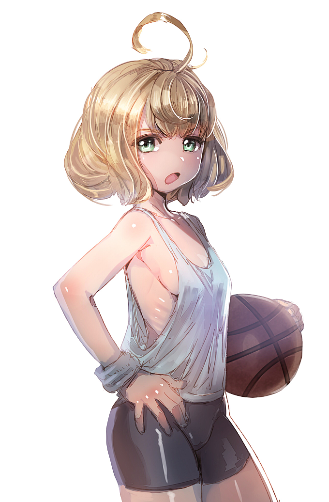 &gt;:o 1girl :o ahoge basketball bike_shorts bow_(bhp) breasts contrapposto cowboy_shot eyebrows_visible_through_hair green_eyes hand_on_hip light_brown_hair looking_at_viewer open_mouth original ribs sideboob simple_background small_breasts solo tank_top white_background wristband