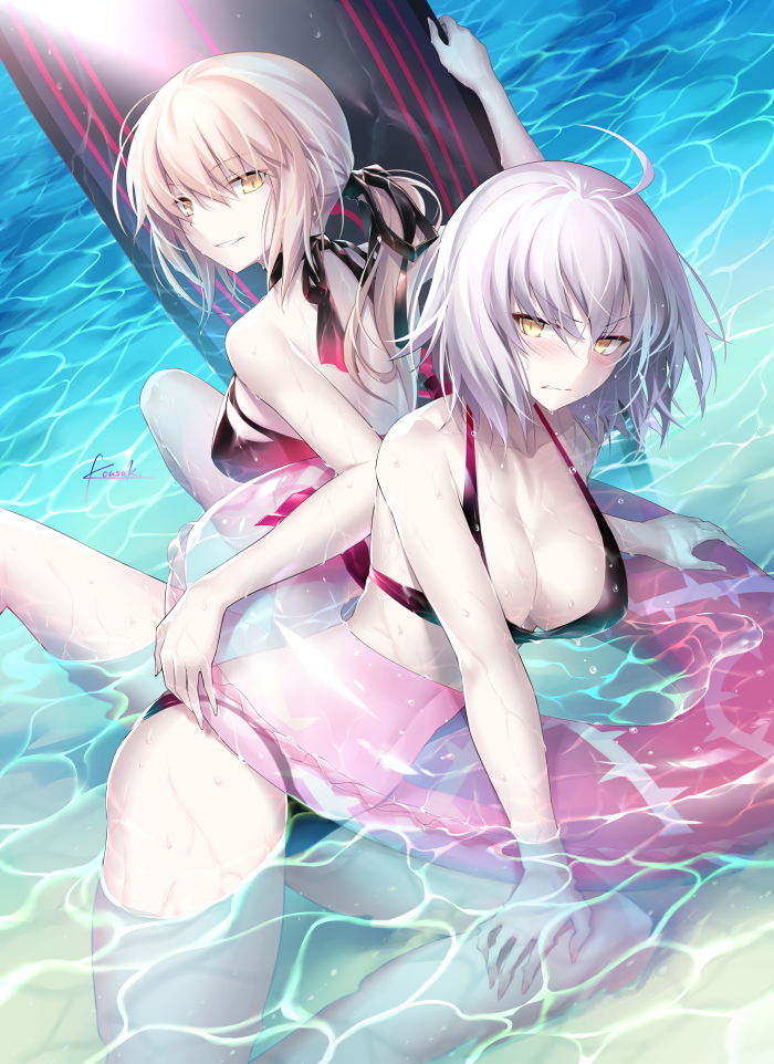 2girls ahoge artist_name artoria_pendragon_(all) bare_shoulders bikini black_bikini black_ribbon blonde_hair blush breasts cleavage day embarrassed eyebrows_visible_through_hair fate/grand_order fate/stay_night fate_(series) grin hair_ribbon hand_on_leg innertube jeanne_alter kousaki_rui large_breasts legs long_hair looking_at_viewer looking_to_the_side medium_breasts multiple_girls navel outdoors pale_skin partially_submerged ponytail ribbon ruler_(fate/apocrypha) saber_alter short_hair sidelocks signature silver_hair sitting smile sunlight surfboard swimsuit thighs waist water wet wet_hair white_skin yellow_eyes