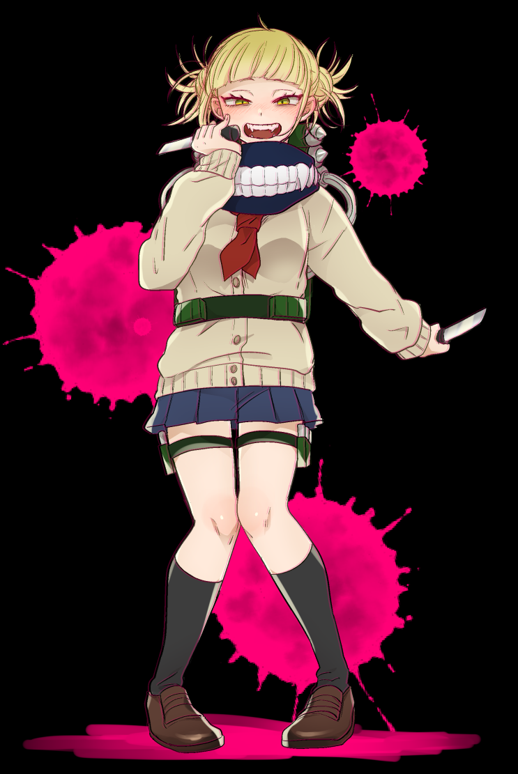 10s 1girl :d bangs berobero_n black_background blonde_hair blunt_bangs blush boku_no_hero_academia cardigan double_bun fangs full_body hair_bun half-closed_eyes knife long_sleeves looking_at_viewer open_mouth paint_splatter scarf school_uniform serafuku simple_background skirt smile solo teeth thigh_strap toga_himiko yandere_trance yellow_eyes