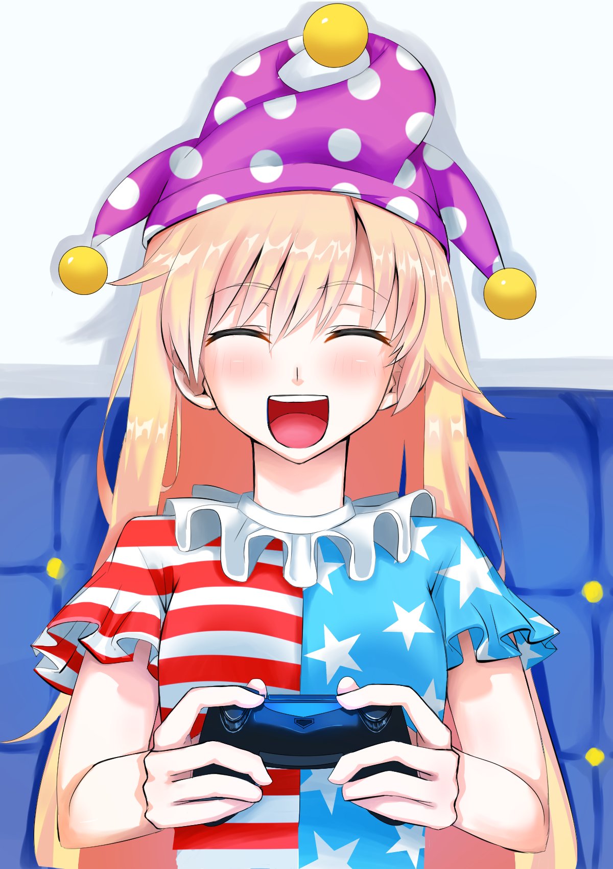 1girl american_flag_shirt bangs blonde_hair clownpiece cobalt controller dualshock eyebrows_visible_through_hair game_controller gamepad happy hat highres jester_cap long_hair neck_ruff open_mouth polka_dot shirt short_sleeves smile solo star star_print striped touhou upper_body