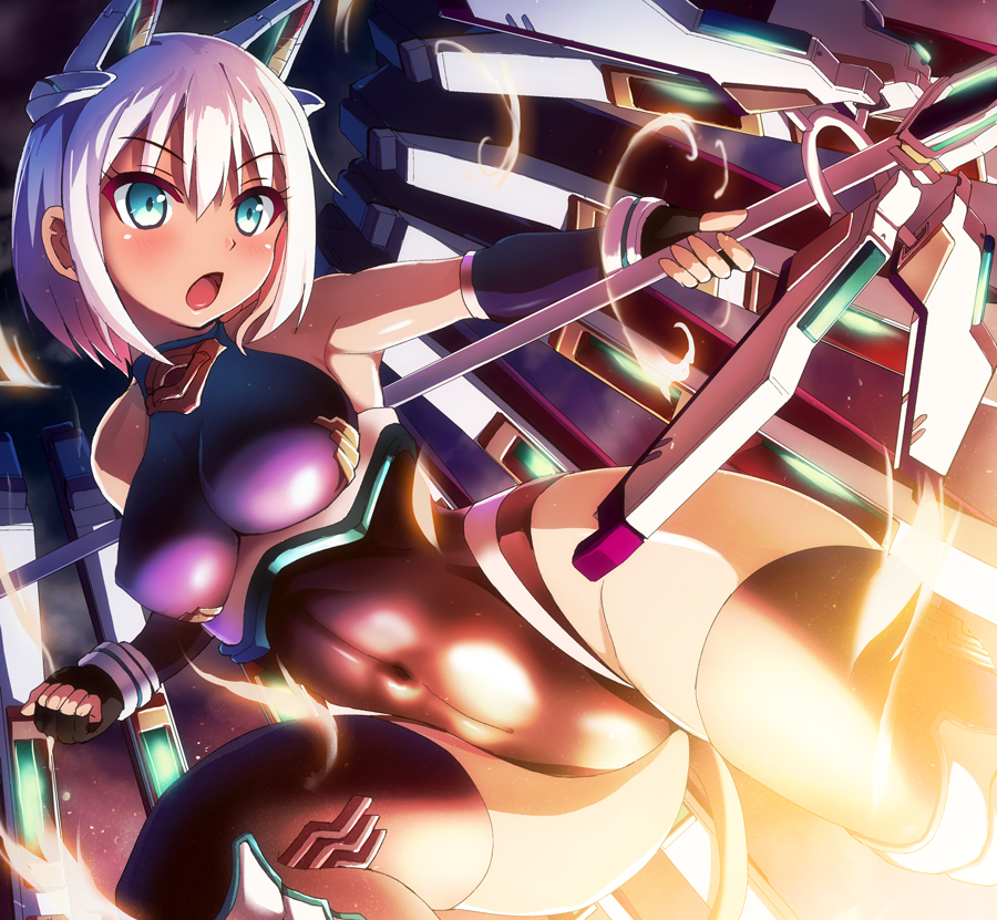 &gt;:o 1girl :o animal_ears aqua_eyes armpits bare_shoulders black_legwear black_leotard blush clenched_hand commentary_request covered_navel elbow_gloves fake_animal_ears fingerless_gloves gloves halterneck highleg highleg_leotard holding holding_staff leg_armor leotard light looking_away mecha_musume open_mouth original shiny shiny_clothes shiny_skin short_hair skin_tight sleeveless sleeveless_turtleneck solo staff tashimu thigh-highs turtleneck white_hair