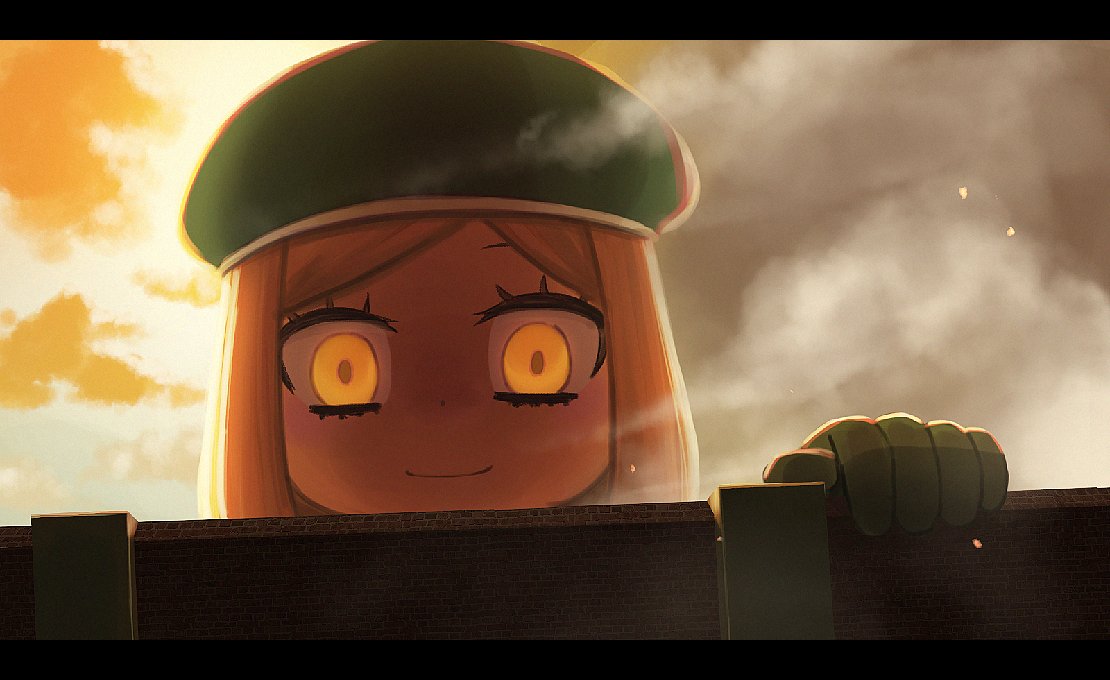 1girl a_grim_reminder blonde_hair commentary_request fate/grand_order fate_(series) giantess gloves hat parody paul_bunyan_(fate/grand_order) shingeki_no_kyojin smile solo wall yellow_eyes yue_(tada_no_saboten)
