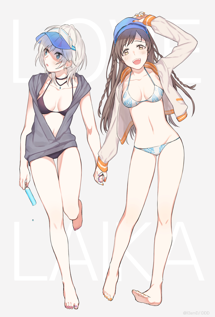 10s 2girls :d anastasia_(idolmaster) arm_up bare_legs barefoot bikini black_bikini blue_eyes braid breasts brown_eyes brown_hair cropped_jacket earrings electric_flower food full_body grey_background grey_hair halterneck hand_holding idolmaster idolmaster_cinderella_girls jacket jewelry long_hair looking_at_viewer looking_away medium_breasts multiple_girls nail_polish navel necklace nitta_minami open_mouth popsicle print_bikini short_hair simple_background sleeves_past_wrists smile standing standing_on_one_leg swimsuit twin_braids visor_cap white_bikini