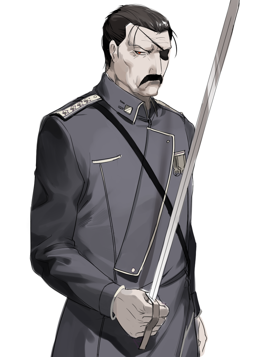 &gt;:( 1boy 791_(meiyuewudi) bad_id black_hair blue_clothes eyepatch facial_hair frown fullmetal_alchemist highres holding holding_sword holding_weapon homunculus king_bradley looking_at_viewer male_focus medal military military_jacket military_rank_insignia military_uniform mustache muted_color one_eye_covered pale_skin pride rapier red_eyes simple_background solo star sword uniform upper_body weapon white_background wrath