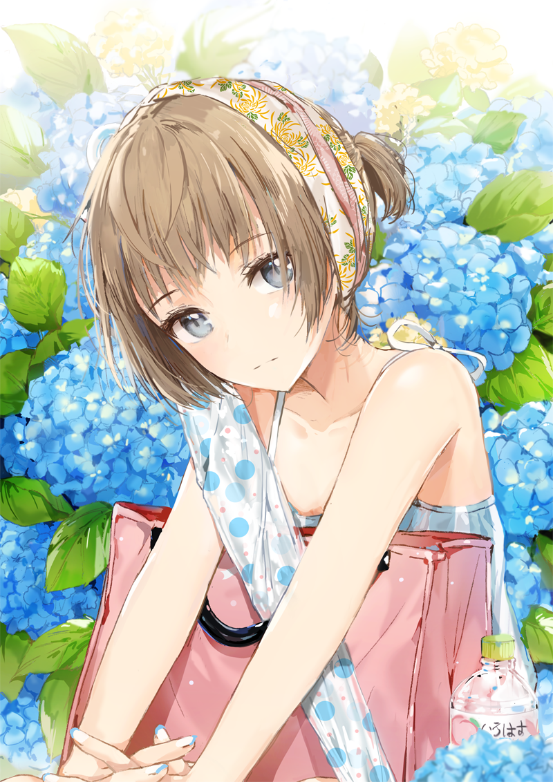 1girl bag bangs blue_eyes bottle brown_hair closed_mouth commentary dangmill flower head_scarf hydrangea looking_at_viewer original revision shopping_bag sidelocks sitting solo upper_body