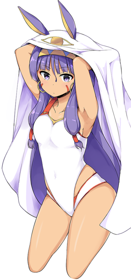 1girl bangs blush breasts closed_mouth competition_swimsuit cropped_legs earrings eyebrows_visible_through_hair fate/grand_order fate_(series) hair_tubes hairband hoop_earrings jewelry lockheart long_hair looking_at_viewer medium_breasts nitocris_(fate/grand_order) one-piece_swimsuit purple_hair sidelocks simple_background solo swimsuit thighs tsurime veil violet_eyes white_background white_swimsuit