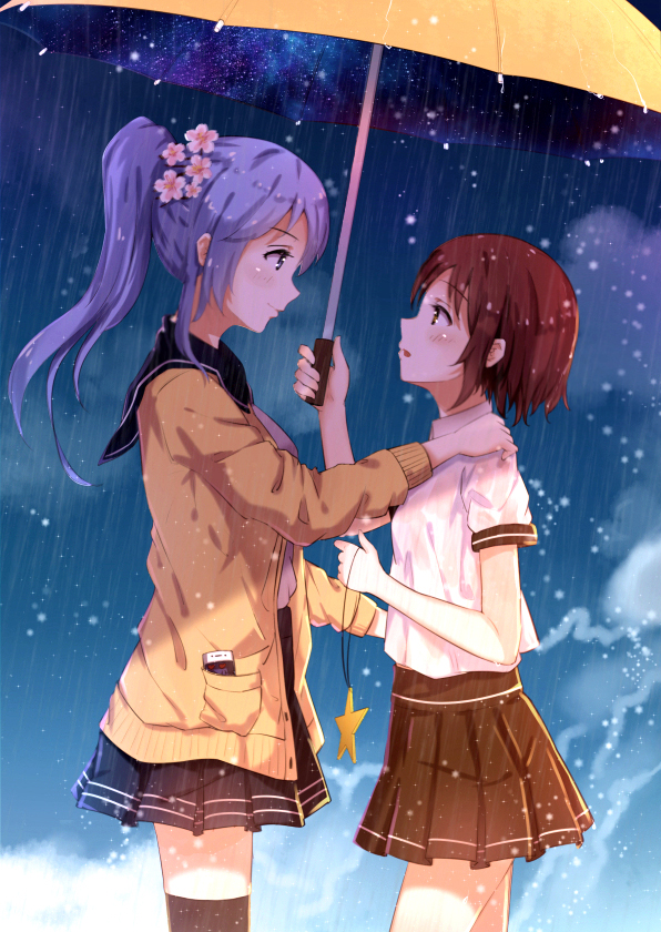 2girls blue_sky brown_eyes brown_hair brown_legwear byakuya_reki capelet cardigan clouds day eye_contact flower hair_flower hair_ornament jewelry lavender_eyes lavender_hair long_hair long_sleeves looking_at_another multiple_girls necklace open_cardigan open_clothes original pleated_skirt ponytail rain revision school_uniform serafuku shirt short_hair short_sleeves skirt sky star_necklace thigh-highs thighs zettai_ryouiki