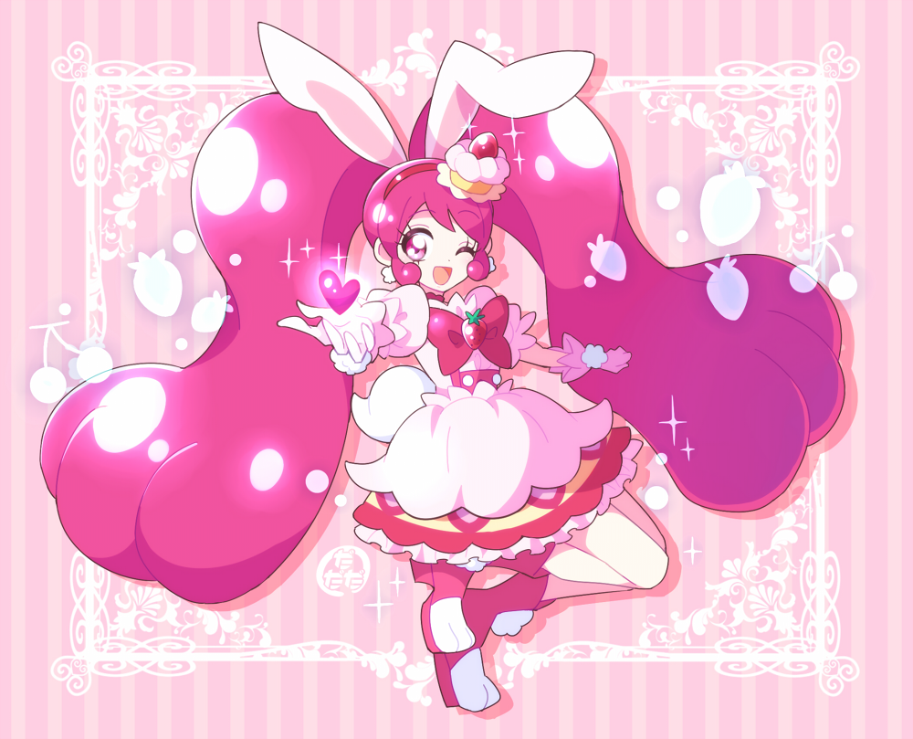 1girl ;d animal_ears boots bow bunny_tail cake_hair_ornament cure_whip dadadanoda dress extra_ears female food_themed_hair_ornament full_body gloves hair_ornament hairband heart kirakira_precure_a_la_mode long_hair looking_at_viewer magical_girl one_eye_closed open_mouth pink pink_background pink_boots pink_bow pink_eyes pink_hair precure rabbit_ears red_hairband smile solo striped striped_background tail twintails usami_ichika white_dress white_gloves