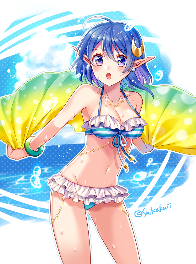 1girl :o bikini blue_eyes blue_hair bracelet breasts cleavage cowboy_shot crescent crescent_hair_ornament earrings hair_ornament holding jewelry looking_at_viewer medium_breasts multicolored_towel navel necklace pointy_ears rena_lanford shikakuii short_hair solo star_ocean star_ocean_the_second_story striped striped_bikini swimsuit towel twitter_username