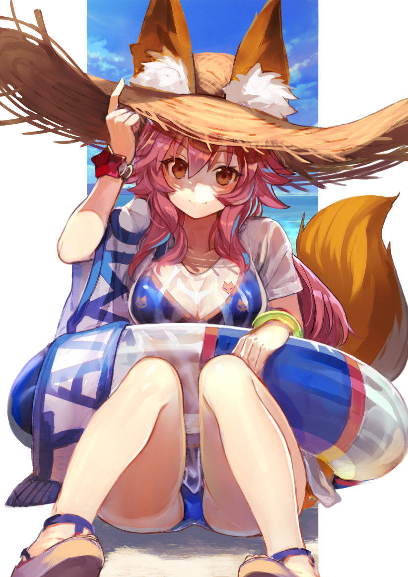 1girl animal_ears bikini bikini_under_clothes blue_bikini blue_sky bracelet brown_eyes closed_mouth day ears_through_headwear fate/grand_order fate_(series) fox_ears fox_tail hair_between_eyes hand_on_headwear hat innertube jewelry knees_up long_hair looking_at_viewer outdoors outside_border pink_hair sandals see-through shirabi shirt sitting sky smile solo straw_hat sun_hat swimsuit tail tamamo_(fate)_(all) tamamo_no_mae_(swimsuit_lancer)_(fate) wet wet_clothes wet_shirt