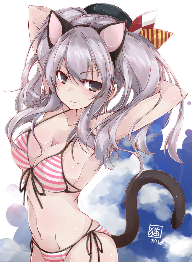 1girl animal_ears arms_behind_head arms_up bangs beret bikini black_eyes breasts cat_ears cat_tail character_name cleavage collarbone eyebrows_visible_through_hair fake_animal_ears front-tie_bikini front-tie_top groin hat kantai_collection kashima_(kantai_collection) long_hair looking_at_viewer medium_breasts navel side-tie_bikini sidelocks smile solo striped striped_bikini swimsuit tail twintails upper_body yumesato_makura