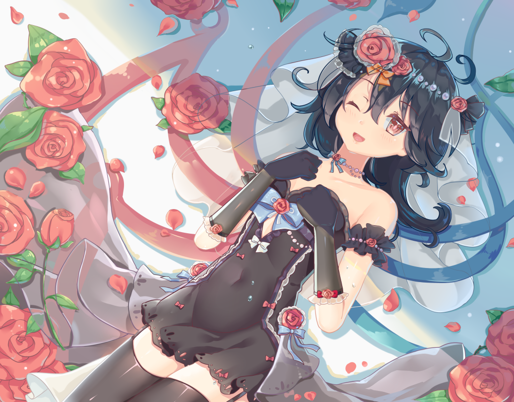 1girl adapted_costume asymmetrical_wings bare_shoulders binan_xian_lu black_dress black_gloves black_hair black_legwear covered_navel dress flower gloves hair_between_eyes hair_flower hair_ornament houjuu_nue jewelry looking_at_viewer lying messy_hair necklace on_back one_eye_closed red_eyes red_rose rose short_dress smile solo thigh-highs touhou veil wings zettai_ryouiki