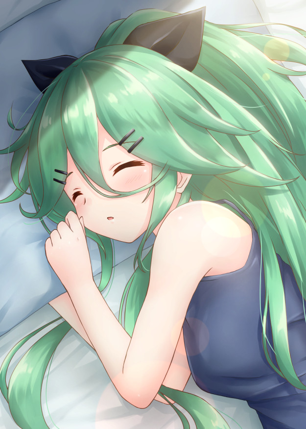 1girl black_ribbon blanket breasts camisole closed_eyes green_hair hair_between_eyes hair_ornament hair_ribbon hairclip hoshino_kagari kantai_collection long_hair lying on_side open_mouth pillow ponytail ribbon sleeping small_breasts solo sunlight yamakaze_(kantai_collection)