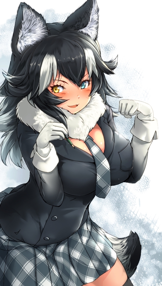 1girl animal_ears black_hair black_legwear blue_eyes blush breasts fur_collar gloves grey_wolf_(kemono_friends) heterochromia kemono_friends large_breasts long_hair long_sleeves looking_at_viewer multicolored_hair necktie open_mouth paw_pose pekoneko pencil plaid plaid_skirt revision skirt solo tail thigh-highs two-tone_hair white_gloves white_hair wolf_ears wolf_tail yellow_eyes zettai_ryouiki