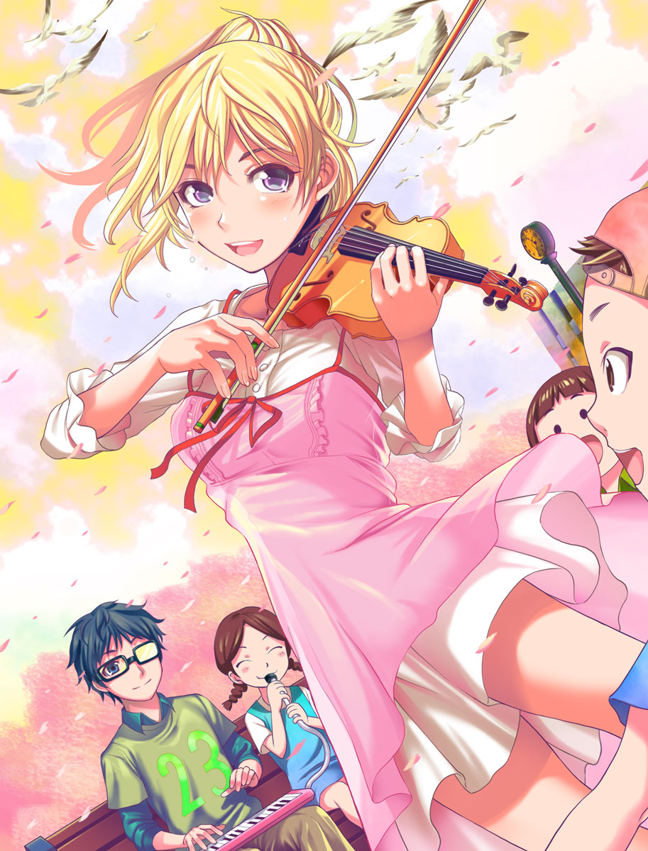 :d arima_kousei backwards_hat bangs bench bird blonde_hair blush_stickers braid brown_eyes brown_hair character_request clock closed_eyes dove dutch_angle glasses hat highres instrument keyboard_(instrument) low_twintails melodica miyazono_kawori music open_mouth oretoreon playing_instrument ponytail shigatsu_wa_kimi_no_uso sitting smile solid_circle_eyes twin_braids twintails violet_eyes violin