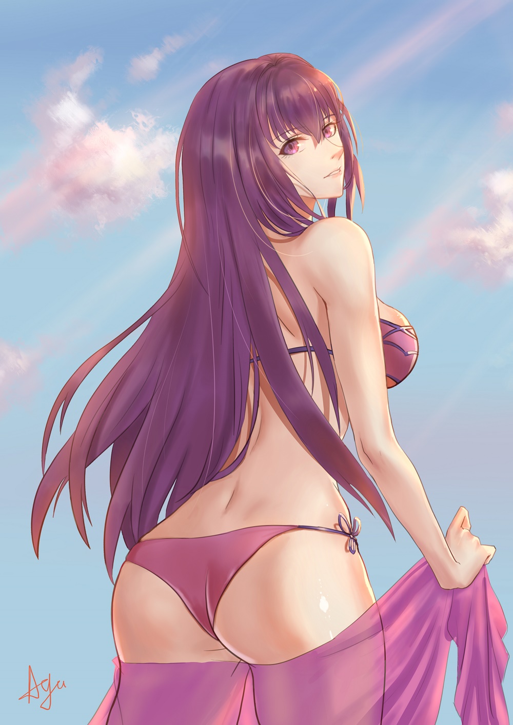 1girl artist_name ass ayu_(p1314_win) bare_shoulders blush breasts eyebrows_visible_through_hair fate_(series) highres large_breasts long_hair looking_at_viewer parted_lips purple_hair scathach_(fate/grand_order) scathach_(swimsuit_assassin)_(fate) signature smile solo violet_eyes