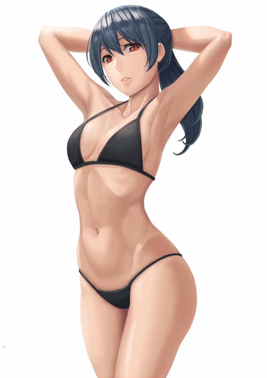 1girl armpits arms_behind_back bikini black_bikini black_hair breasts cleavage collarbone highres long_hair looking_at_viewer navel original ranma_(kamenrideroz) red_eyes simple_background swimsuit white_background