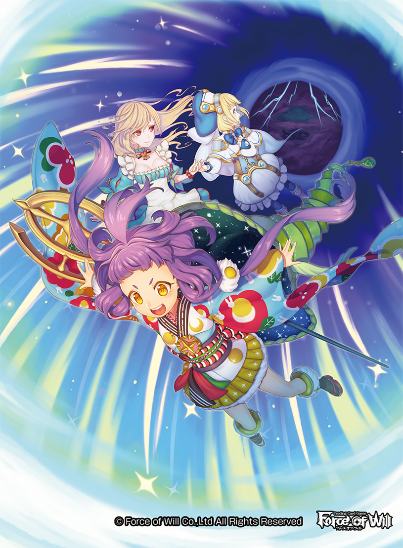 3girls blonde_hair blue_eyes bow bowtie bracelet breasts cleavage clouds copyright_name electricity force_of_will hat japanese_clothes jewelry kimono long_hair low_twintails mie_nabe multiple_girls official_art open_mouth pantyhose purple_hair red_eyes sky sparkle staff teeth twintails yellow_eyes