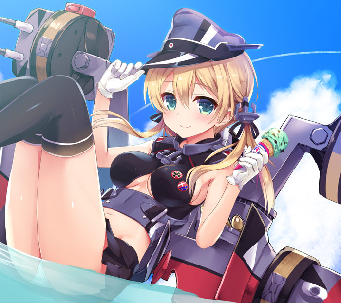 1girl alternate_costume badge bankoku_ayuya blonde_hair button_badge food hat ice_cream iron_cross kantai_collection long_hair machinery peaked_cap prinz_eugen_(kantai_collection) revision smile solo twintails