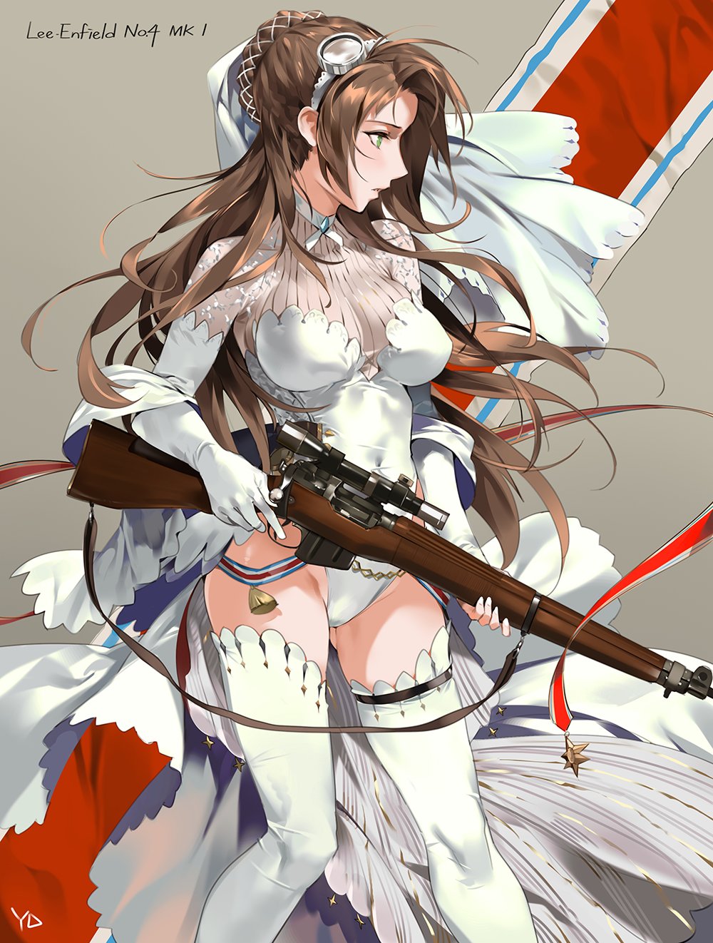 1girl artist_signature bolt_action breasts brown_hair character_name covered_navel girls_frontline gloves gluteal_fold goggles goggles_on_head green_eyes grey_background gun highres holding holding_weapon large_breasts lee-enfield_(girls_frontline) lee_enfield leotard long_hair looking_to_the_side parted_lips red_ribbon ribbon rifle scope sniper_rifle solo thigh-highs weapon white_gloves white_legwear white_leotard yang-do