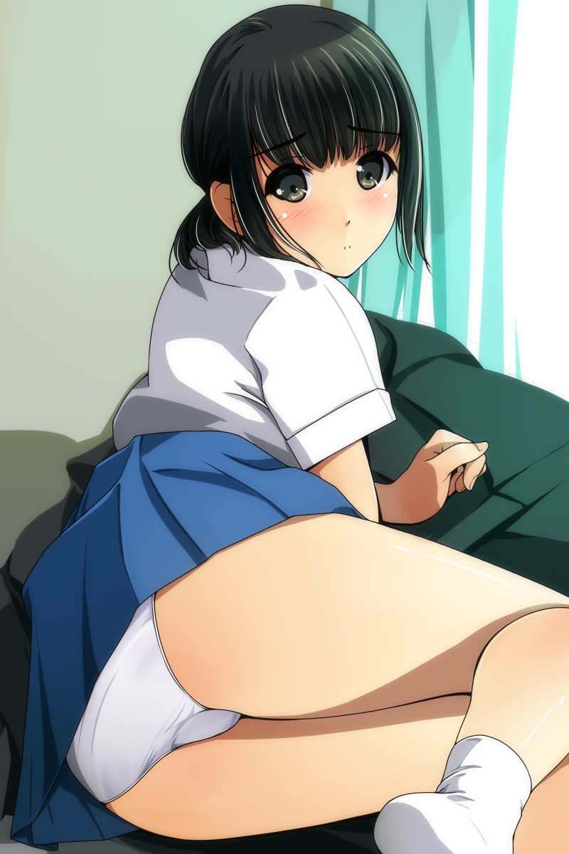 1girl ass black_eyes black_hair blush eyebrows_visible_through_hair highres long_hair looking_at_viewer matsunaga_kouyou original panties ponytail school_uniform skirt socks solo underwear white_legwear white_panties