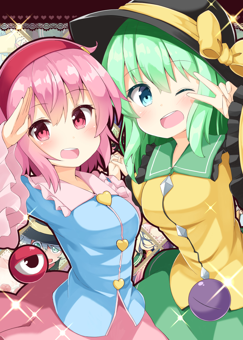 2girls :d ;d bangs black_hat blue_eyes blue_shirt blush bow breasts cowboy_shot eyeball frilled_shirt_collar frilled_sleeves frills green_hair green_skirt hairband hand_holding hat hat_bow heart interlocked_fingers komeiji_koishi komeiji_satori long_hair long_sleeves looking_at_viewer medium_breasts multiple_girls ominaeshi_(takenoko) one_eye_closed open_mouth pink_eyes pink_hair pink_skirt red_hairband salute shirt short_hair siblings sisters skirt smile third_eye touhou v wide_sleeves yellow_bow yellow_shirt