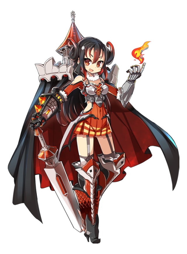 1girl artist_request bare_shoulders black_hair boots bran_(oshiro_project) cape full_body gradient_hair holding holding_sword holding_weapon horn multicolored_hair official_art orange_eyes oshiro_project oshiro_project_re redhead sword transparent_background weapon