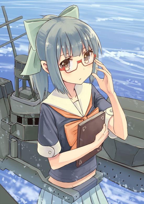 1girl adjusting_glasses azu_(azusayumix) bangs bespectacled bow brown_eyes commentary_request glasses green_hair hair_bow kantai_collection machinery navel notebook pleated_skirt ponytail red-framed_eyewear school_uniform serafuku skirt solo water yuubari_(kantai_collection)