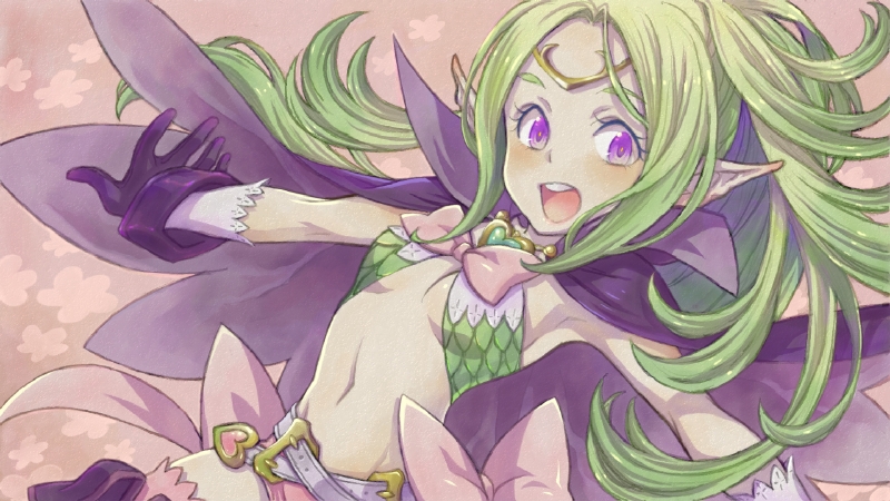 1girl belt blush breasts cape circlet fire_emblem fire_emblem:_kakusei gloves green_hair long_hair looking_at_viewer midriff navel nowi_(fire_emblem) open_mouth outstretched_arms pointy_ears ponytail purple_gloves saikachi_(ogre_tree) small_breasts solo thigh-highs upper_body violet_eyes
