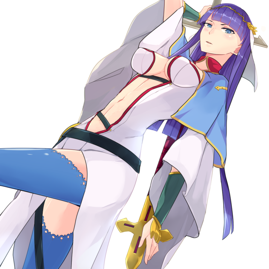 1girl bangs belt blue_eyes blue_legwear blunt_bangs bracer breasts capelet center_opening cleavage cross dress fate/grand_order fate_(series) hair_ornament hsin jewelry long_hair long_sleeves medium_breasts midriff multicolored multicolored_clothes navel open_mouth pelvic_curtain purple_hair saint_martha simple_background solo staff standing thigh-highs veil very_long_hair white_background white_dress wide_sleeves