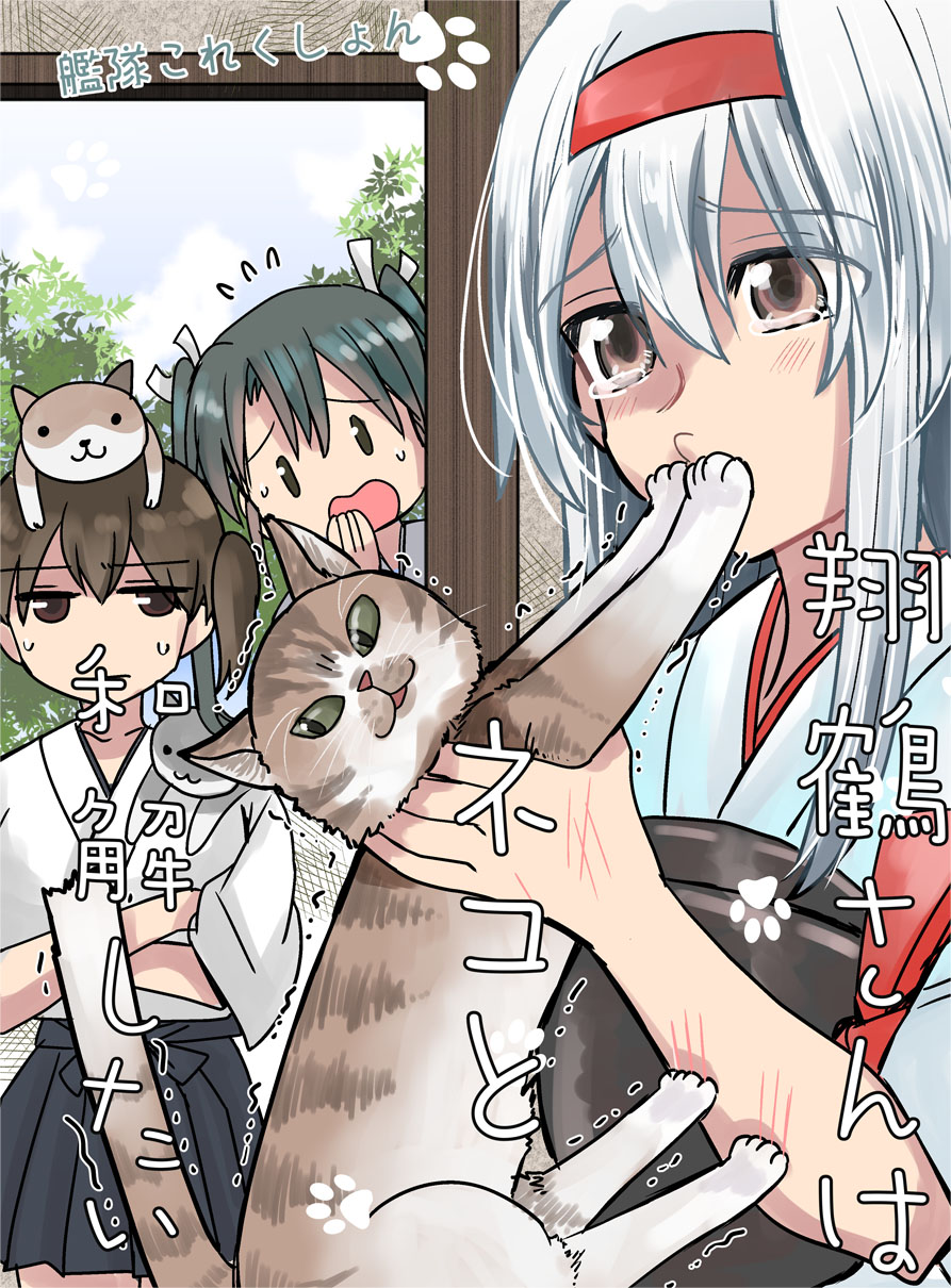 3girls blue_hakama brown_eyes brown_hair cat commentary_request cover cover_page crossed_arms crying crying_with_eyes_open doujin_cover flying_sweatdrops green_hair grey_hair hair_ribbon hakama hakama_skirt headband highres injury japanese_clothes kaga_(kantai_collection) kantai_collection kimono long_hair multiple_girls muneate pushing_away pushing_face ribbon sanpatisiki scratching shoukaku_(kantai_collection) side_ponytail silver_hair straight_hair sweatdrop tasuki tears translation_request tree trembling twintails wavy_mouth white_hair white_kimono white_ribbon zuikaku_(kantai_collection)