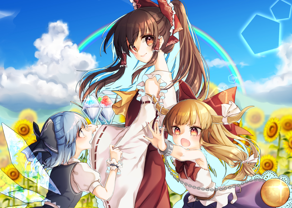 &gt;:o 3girls :d :o ascot bangs blonde_hair blue_eyes blue_hair blue_sky blush bow brown_eyes brown_hair chains cirno closed_mouth cowboy_shot cuffs day detached_sleeves field flower flower_field from_side hair_bow hair_tubes hakurei_reimu height_difference horn_ribbon horns ibuki_suika ice ice_wings lens_flare long_hair long_sleeves looking_at_another looking_at_side looking_at_viewer low-tied_long_hair mokokiyo_(asaddr) multiple_girls nontraditional_miko open_mouth outdoors ponytail puffy_short_sleeves puffy_sleeves rainbow red_eyes ribbon ribbon-trimmed_sleeves ribbon_trim shackles shaved_ice shirt short_hair short_sleeves sky sleeveless sleeveless_shirt smile sunflower touhou white_shirt wide_sleeves wings