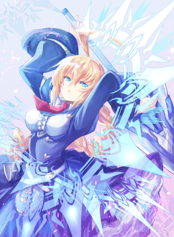 1girl ahoge blazblue blazblue:_central_fiction blonde_hair blue_eyes breasts cowboy_shot dress es_(xblaze) expressionless eyebrows_visible_through_hair frills holding holding_sword holding_weapon huge_weapon large_breasts long_hair long_sleeves looking_at_viewer necktie parted_lips ponytail single_braid solo sword weapon xblaze_code:_embryo yuuka_seisen