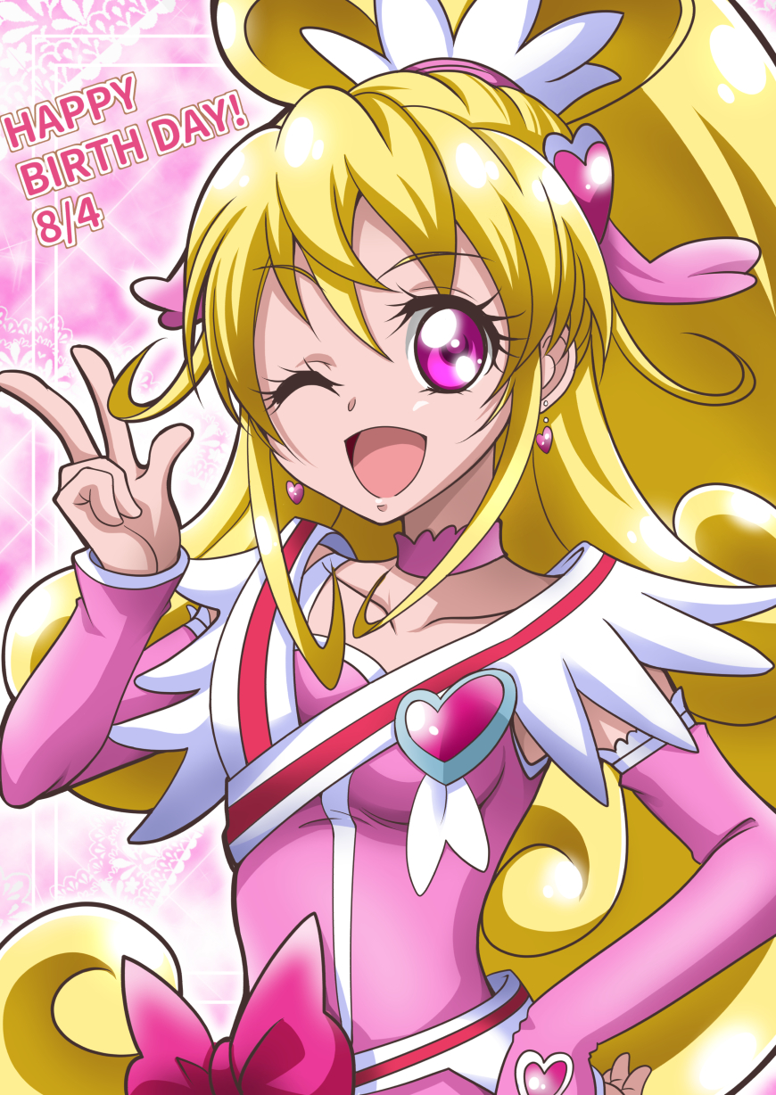 1girl ;d aida_mana arm_warmers blonde_hair bow cure_heart dokidoki!_precure earrings hair_ornament half_updo hand_on_hip hanzou happy_birthday heart_hair_ornament highres jewelry long_hair looking_at_viewer magical_girl one_eye_closed open_mouth pink_background pink_bow pink_choker pink_eyes ponytail precure smile solo upper_body v