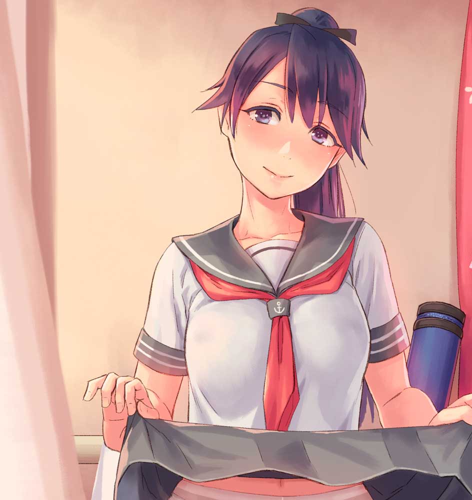 1girl anchor_symbol bangs blush breasts closed_mouth commentary_request curtains eyebrows_visible_through_hair hair_ribbon head_tilt holding_skirt houshou_(kantai_collection) kantai_collection looking_at_viewer medium_breasts navel neckerchief ponytail purple_hair red_neckerchief ribbon school_uniform serafuku skirt skirt_lift smile solo underwear upper_body violet_eyes wall yuuji_(and)