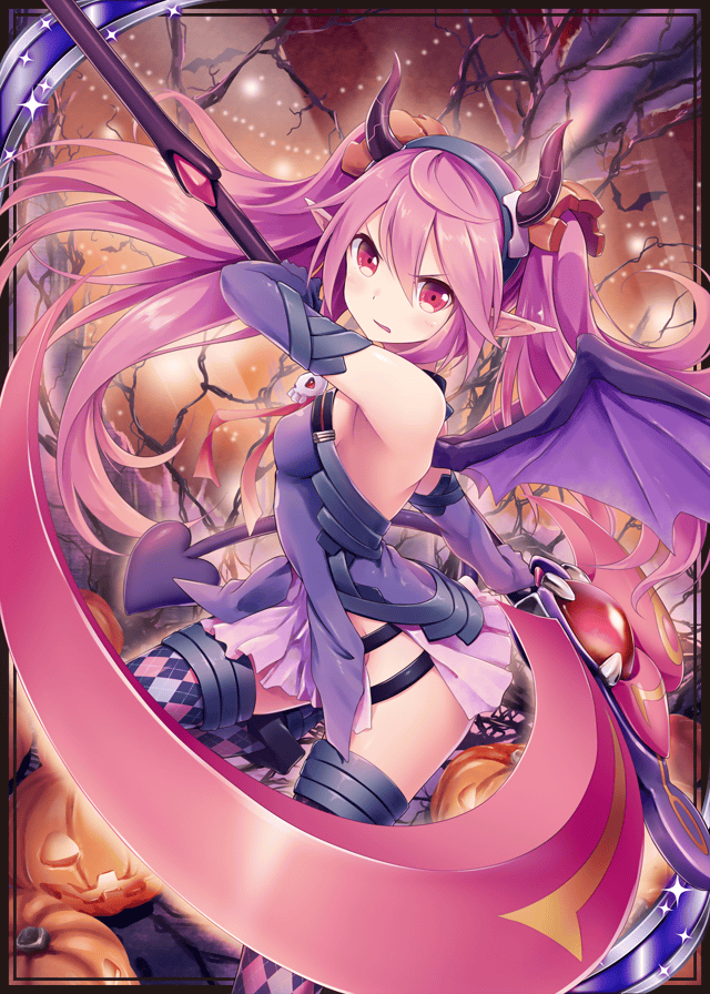 1girl akkijin bat card demon_horns demon_tail demon_wings dress elf gloves horns looking_at_viewer pink_eyes pink_hair pointy_ears pumpkin purple_dress purple_gloves scythe shinkai_no_valkyrie solo tail thigh-highs twintails weapon wings