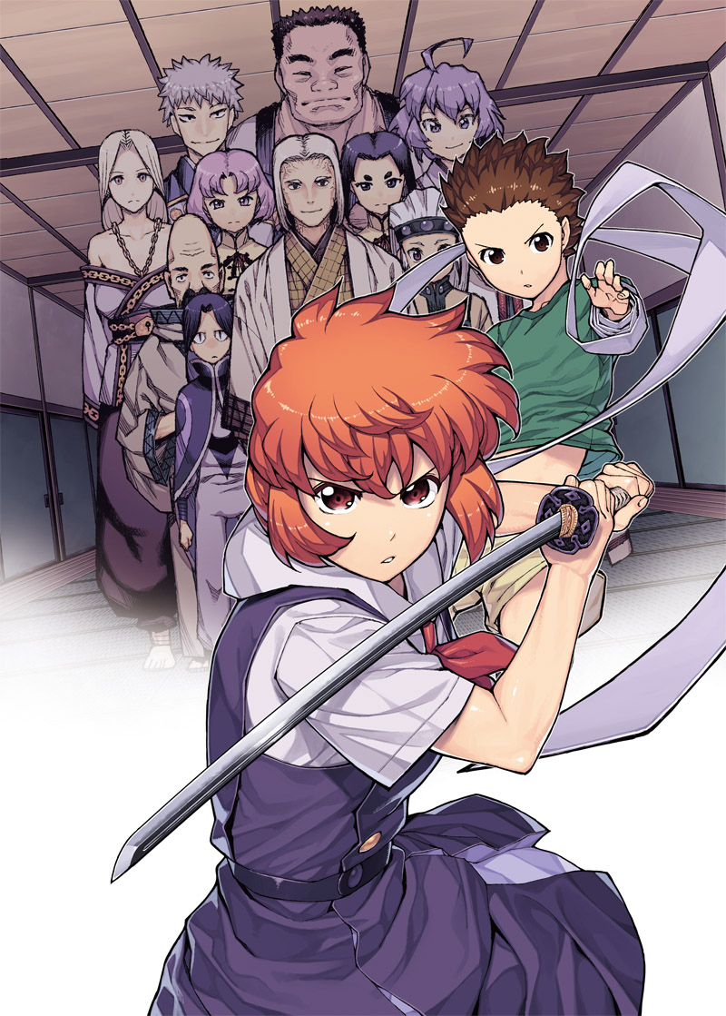 &gt;:o 6+boys 6+girls :o belt blue_skirt brown_eyes brown_hair buttons character_request commentary_request floating_hair frown hamada_yoshikazu holding holding_sword holding_weapon katana looking_at_viewer multiple_boys multiple_girls neckerchief official_art orange_hair parted_lips red_neckerchief red_shirt redhead school_uniform serious shirt short_hair short_sleeves skirt sumeragi_sunao sword tsugumomo unsheathed weapon