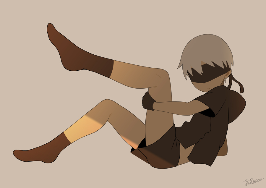 1boy artist_name blindfold gloves male_focus nier nier_(series) nier_automata no_shoes noeyebrow_(mauve) shorts simple_background socks solo stretch yorha_no._9_type_s