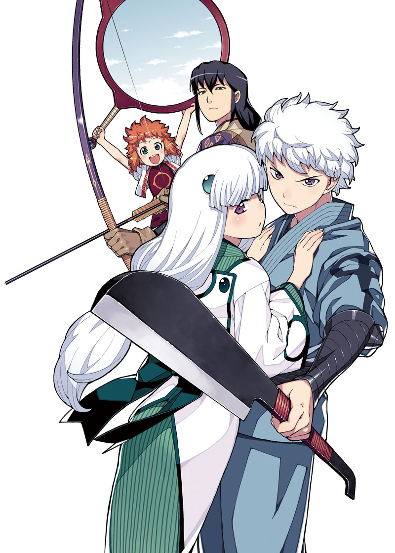&gt;:( 2boys 2girls :d arm_armor arms_up arrow bangs beads black_hair blue_shirt bow character_request commentary_request foreshortening frown gloves hair_beads hair_ornament hamada_yoshikazu hands_on_another's_chest holding holding_arrow holding_bow holding_weapon hug japanese_clothes kimono leather leather_gloves long_hair looking_at_viewer machete multiple_boys multiple_girls official_art open_mouth orange_hair serious shirt short_hair simple_background smile tsugumomo violet_eyes weapon white_background white_hair