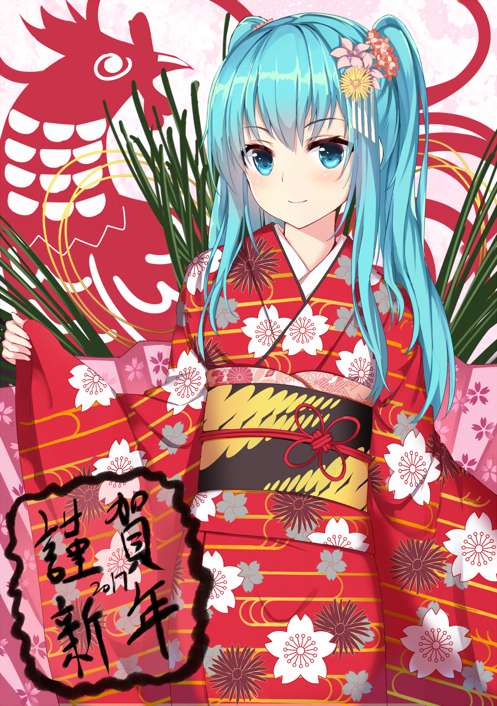 1girl blue_eyes blue_hair floral_print flower hair_flower hair_ornament happy_new_year hatsune_miku highres isaya_(pixiv4541633) japanese_clothes kimono long_hair long_sleeves looking_at_viewer new_year obi sash solo translated twintails very_long_hair vocaloid wide_sleeves