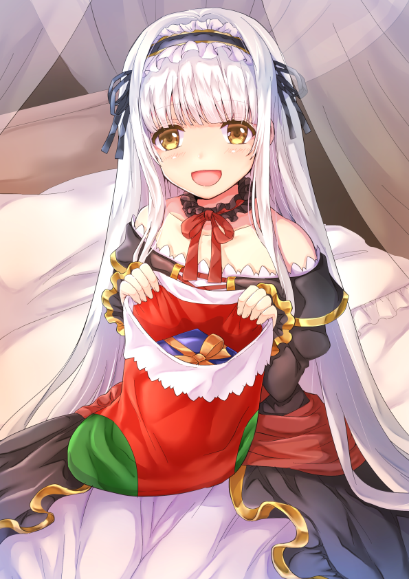 1girl :d black_dress blush brown_eyes character_request dress gift hairband hi-na1 long_hair looking_at_viewer on_bed open_mouth pillow sack sennen_sensou_aigis smile solo white_hair