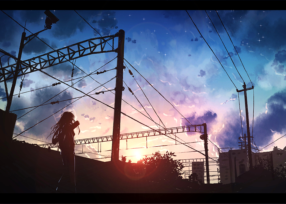 1girl blue_sky byakuya_reki city clouds cloudy_sky evening lens_flare letterboxed long_hair original outdoors power_lines scenery silhouette sky solo sunset