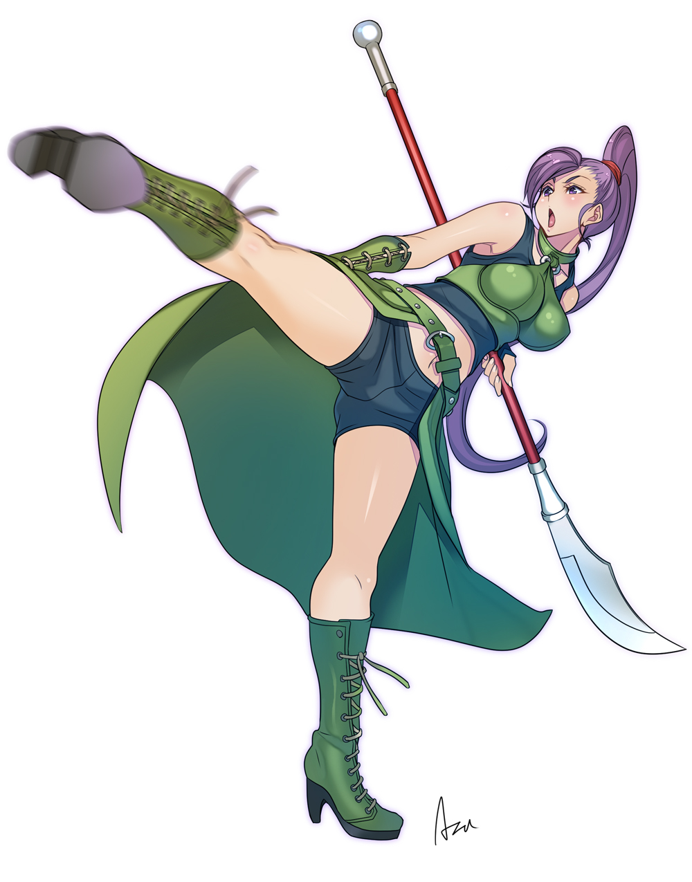 1girl azu bare_shoulders blush boots breasts dragon_quest dragon_quest_xi high_heel_boots high_heels highres kicking large_breasts long_hair martina_(dragon_quest_xi) motion_blur navel ponytail purple_hair solo violet_eyes
