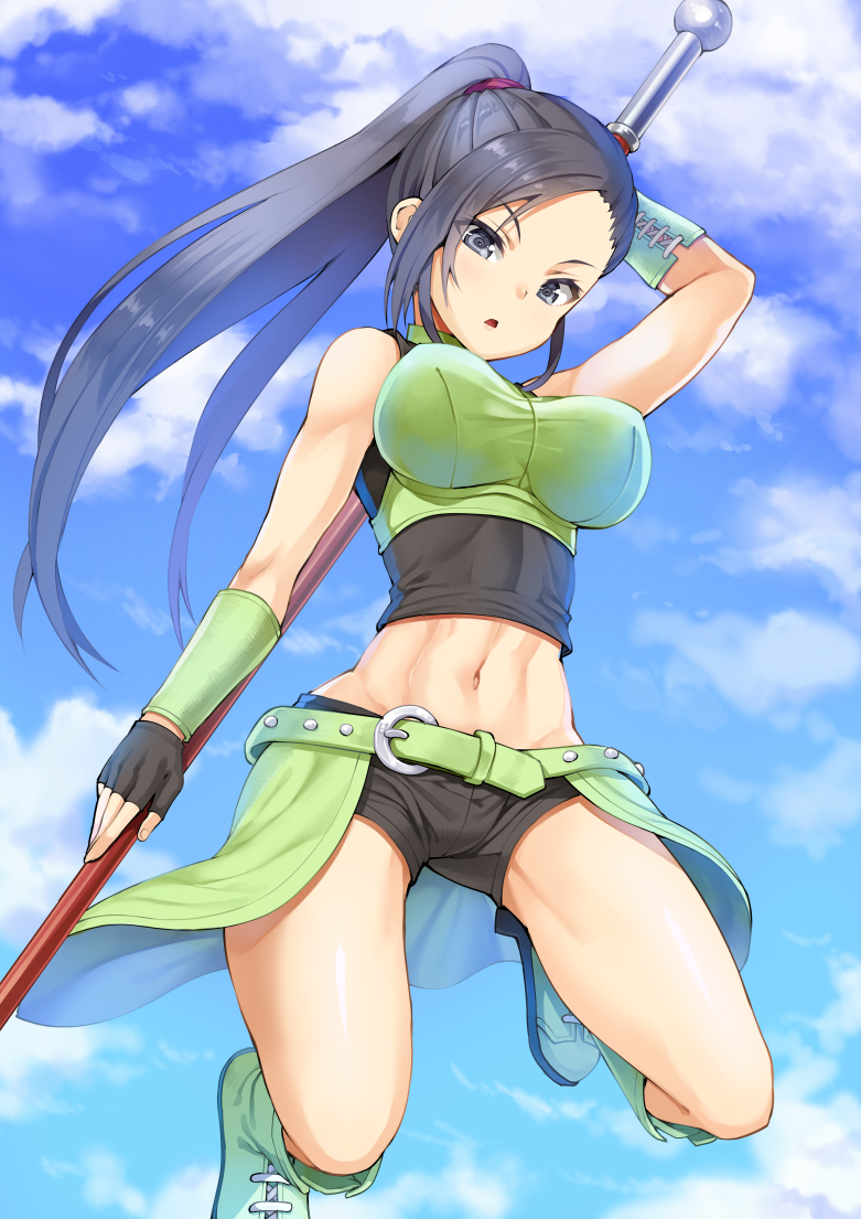 1girl abs bare_shoulders blue_eyes breasts dragon_quest dragon_quest_xi fingerless_gloves gloves large_breasts long_hair looking_at_viewer martina_(dragon_quest_xi) midriff muratataichi navel ponytail solo