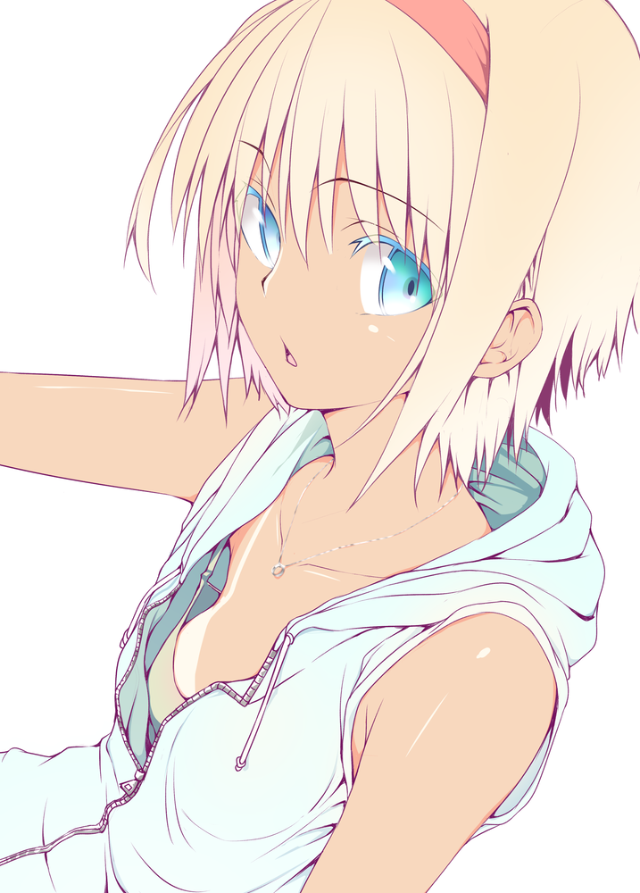 1girl alice_margatroid bangs blonde_hair blue_eyes bra breasts colored_eyelashes eyebrows_visible_through_hair grey_bra hairband hood hood_down jewelry looking_at_viewer necklace nirap open_mouth short_hair simple_background sleeveless small_breasts solo tan tanline touhou underwear upper_body white_background zipper